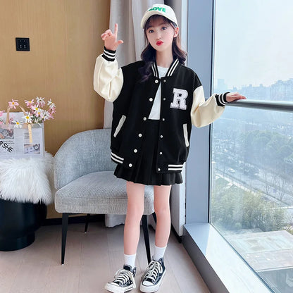 Spring Autumn Teenagers Girls Jacket Patchwork Letter Print Baseball Uniform Coat For 4-14 Years Kids Fashion Outwear