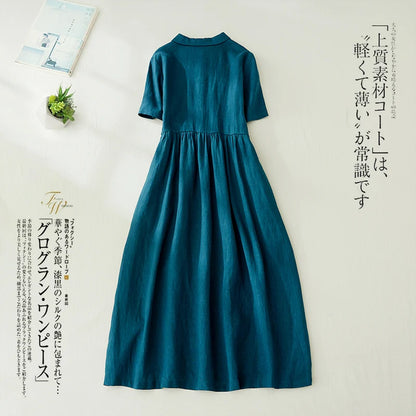Limiguyue Cotton Linen Korean Dress Women Summer Short Sleeve Long Shirt Dress Soft Blue Vintage Long Vestidos Office Lady U471