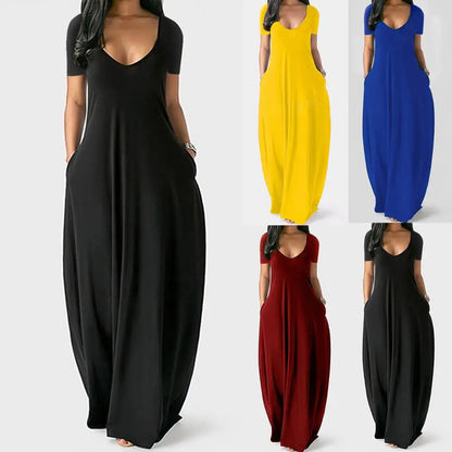 Oversize O-Neck Pockets Long Dress Casual Solid Short Sleeve High Waist Women Summer Party Daily Travel Maxi Wear