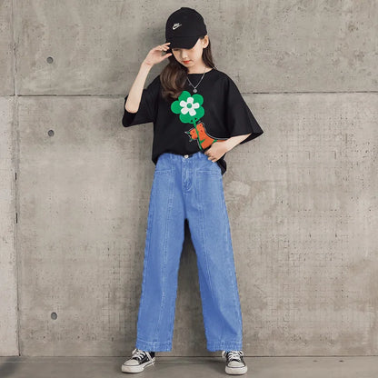 Teen Girls Clothing Sets New Fashion Korean Version Tops And Denim Pants 2Pcs Outfits Kids Tracksuit 4 5 6 7 8 9 10 11 12 Years