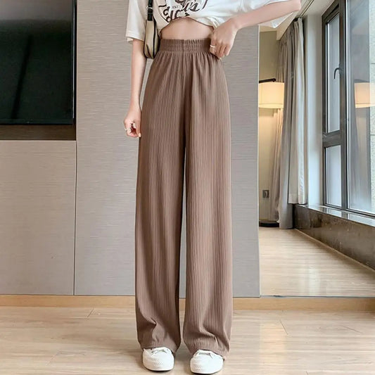 Women Pants High Waist Elastic Waistband Summer Pants Ribbed Thin Full Length Breathable Ice Silk Straight Wide Leg Pants