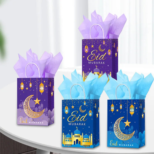 1pc 2024 Eid Mubarak Gift Bags Ramadan Party Decoration Ramadan Kareem Candy Cookie Gift Packing Paper Bag Handbag Muslim Suppli