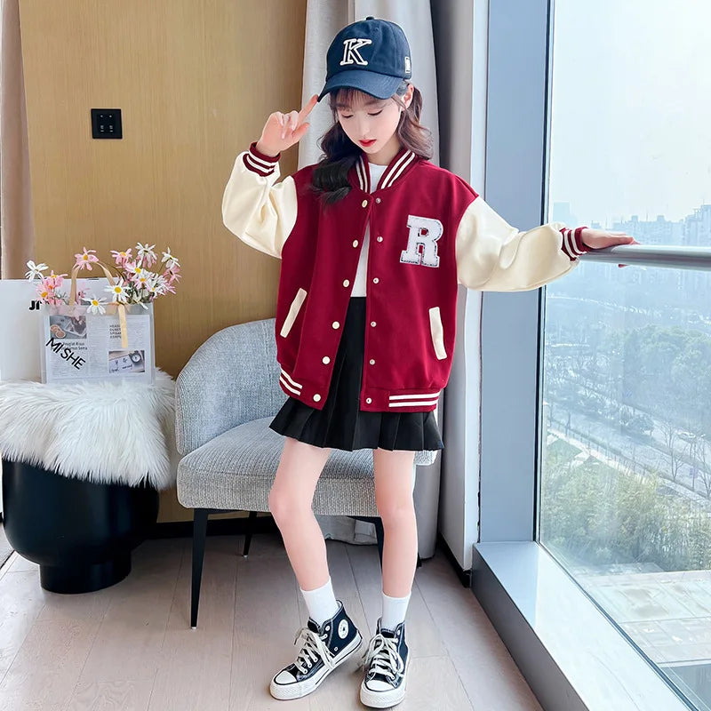 Spring Autumn Teenagers Girls Jacket Patchwork Letter Print Baseball Uniform Coat For 4-14 Years Kids Fashion Outwear