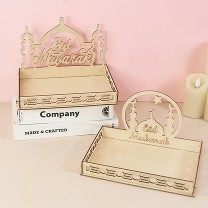 Wooden Eid Mubarak Food Tray Ramadan Decoration for Home Cake Display Islam Muslim Party Supplies 2024 Ramadan Kareem Eid Gifts