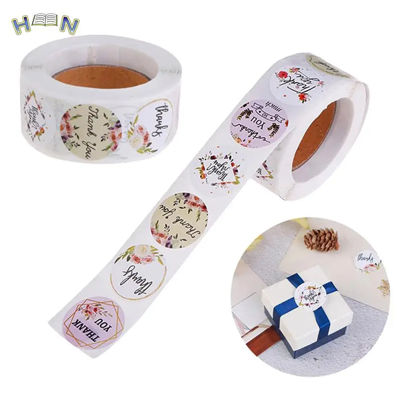 500 Pcs/Roll Round Thank You Stickers Seal Labels with Flower Pattern Stickers Labels for Scrapbooking Stationery Stickers
