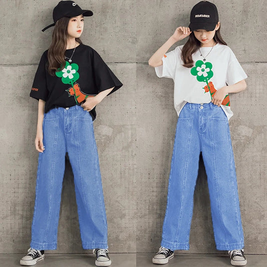 Teen Girls Clothing Sets New Fashion Korean Version Tops And Denim Pants 2Pcs Outfits Kids Tracksuit 4 5 6 7 8 9 10 11 12 Years