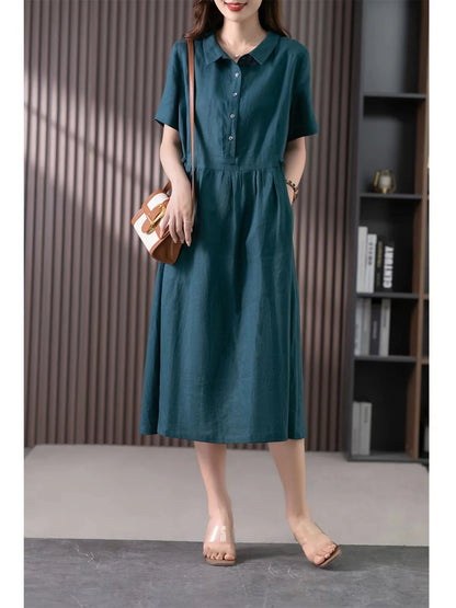 Limiguyue Cotton Linen Korean Dress Women Summer Short Sleeve Long Shirt Dress Soft Blue Vintage Long Vestidos Office Lady U471
