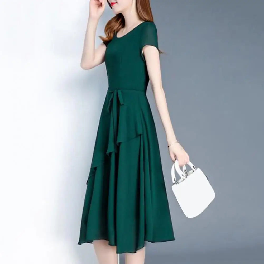 Mid-length Dress Elegant Lace Up A-line Midi Dress with Short Sleeves for Women O-neck Streetwear Layered Hem Oversize Korean