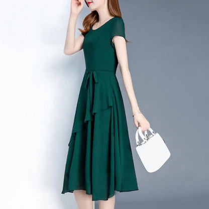 Mid-length Dress Elegant Lace Up A-line Midi Dress with Short Sleeves for Women O-neck Streetwear Layered Hem Oversize Korean