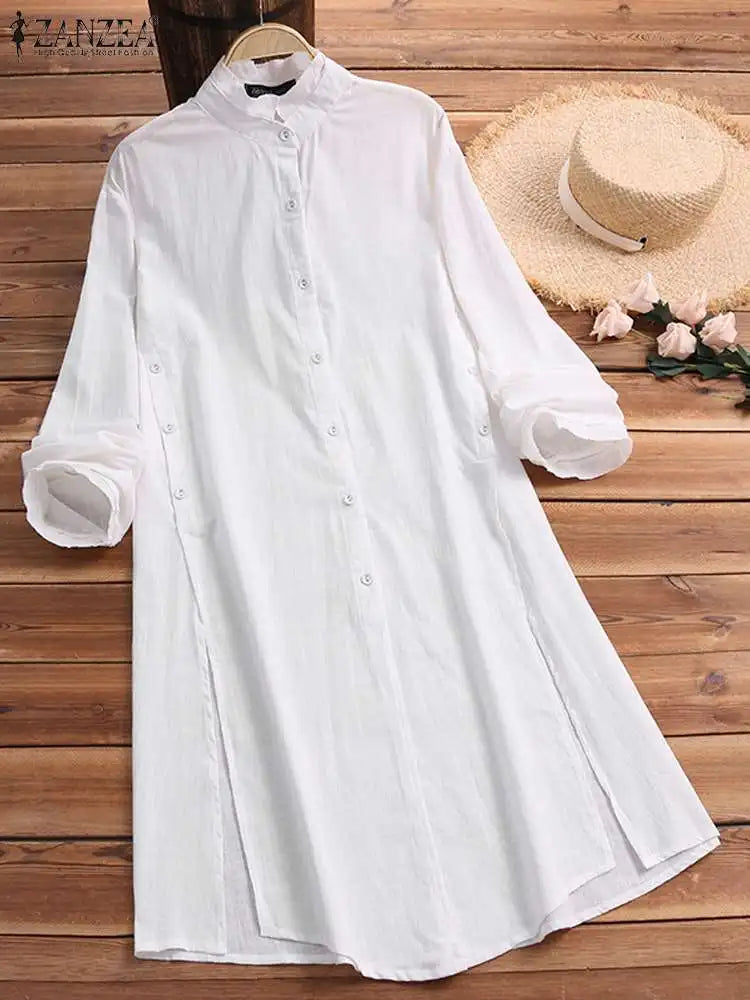 ZANZEA 2023 Summer Solid Long Shirt Women Casual Lapel Long Sleeve Tunic Tops Vintage Cotton Summer Blouse Oversize  OL Cardigan