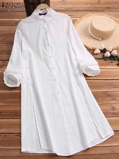 ZANZEA 2023 Summer Solid Long Shirt Women Casual Lapel Long Sleeve Tunic Tops Vintage Cotton Summer Blouse Oversize  OL Cardigan