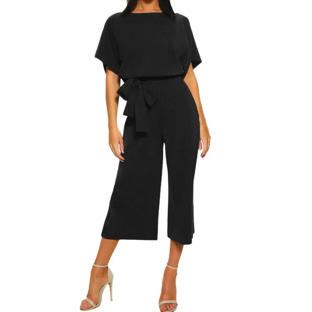 Loose Women Jumpsuits Romper Cropped Pants Wide Leg Solid Color Short Sleeves Belt Batwing Sleeve t Summer Jumpsuit Elegant