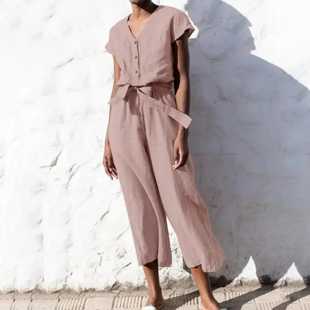 Summer V-neck Jumpsuit Stylish Short Sleeve Half Placket Belt Design Wide Leg Jumpsuit Solid Color Casual Playsuit Streetwear
