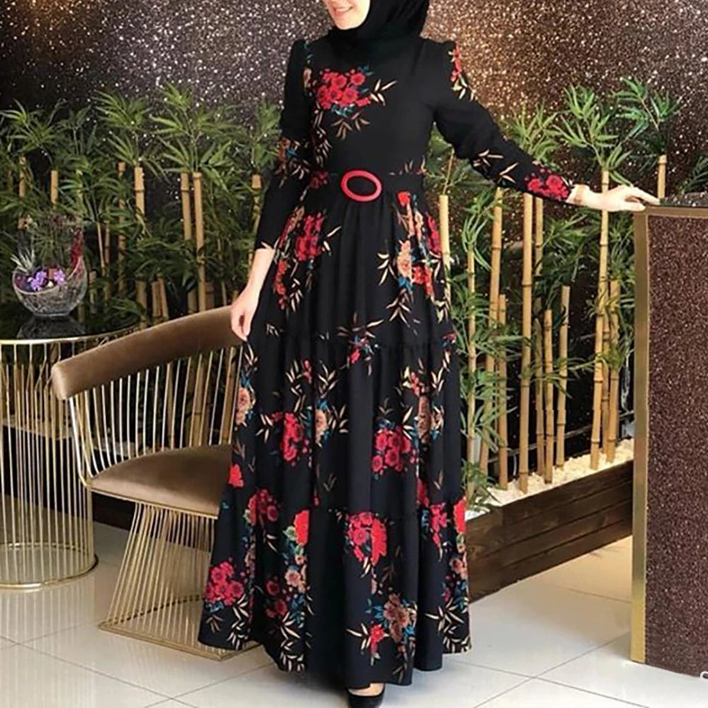 Women Long Sleeve Muslim Abaya Dress Ethnic Floral Print Belt Maxi Kaftan Robe Satin Corset Long Sleeve Dresses