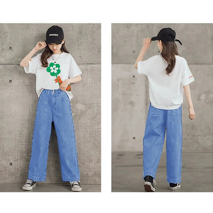Teen Girls Clothing Sets New Fashion Korean Version Tops And Denim Pants 2Pcs Outfits Kids Tracksuit 4 5 6 7 8 9 10 11 12 Years