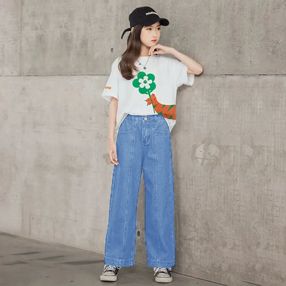 Teen Girls Clothing Sets New Fashion Korean Version Tops And Denim Pants 2Pcs Outfits Kids Tracksuit 4 5 6 7 8 9 10 11 12 Years