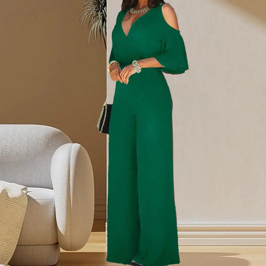 2023 Spring And Autumn Women's Jumpsuit Hollowed Out Strapless Solid Color Women's Jumpsuit V-neck High Waist Belt Wide-leg Pant