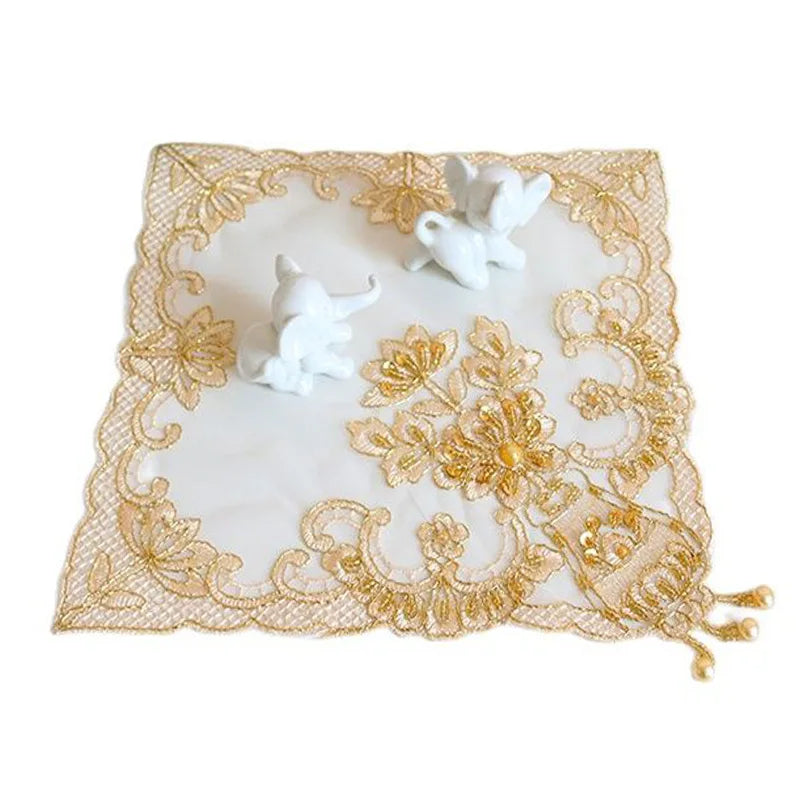Popular Mesh beads gold flower embroidery table place mat cloth pad cup coffee coaster doily kitchen wedding Christmas placemat