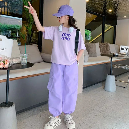 Summer Teen Girls Clothing Sets Children Fashion Korean Style Letter Tops + Pants 2Pcs Outfits Kids Tracksuit 5 6 8 10 12 14 Yrs