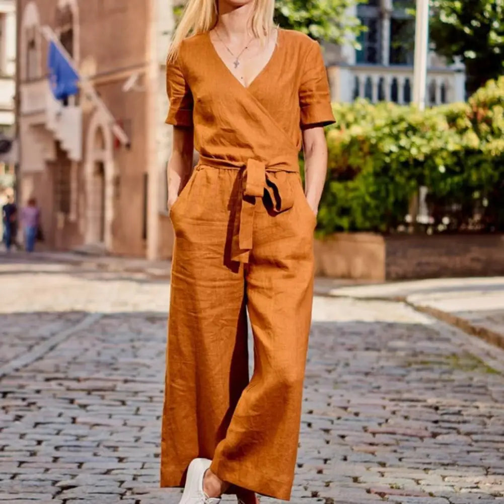 Summer Belt Wide Leg Romper Conjoined V-Neck Vintage Thin Short Sleeved Bodycon Jumpsuits Solid Simple Rompers for Female