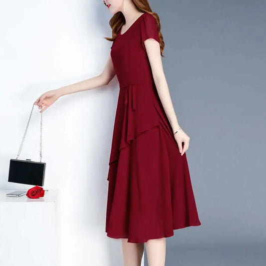 A-line Dress Versatile Dress Elegant Lace Up A-line Midi Dress with Short Sleeves for Women O-neck Streetwear Layered Hem