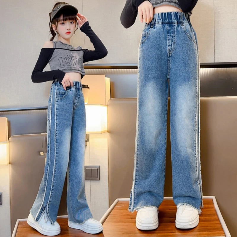 2024 New Fashion Teenage Girl Denim Wide Leg Pants Children Trousers Spring Autumn Girls Jeans 5 6 8 10 12 14 Years Kids Clothes