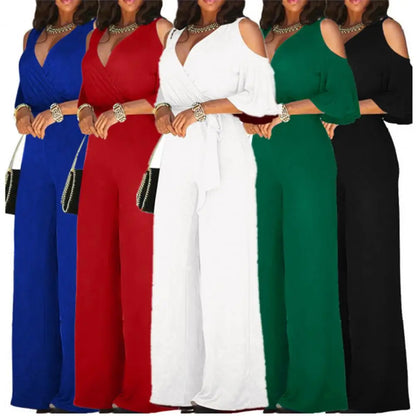 2023 Spring And Autumn Women's Jumpsuit Hollowed Out Strapless Solid Color Women's Jumpsuit V-neck High Waist Belt Wide-leg Pant