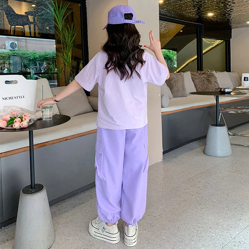 Summer Teen Girls Clothing Sets Children Fashion Korean Style Letter Tops + Pants 2Pcs Outfits Kids Tracksuit 5 6 8 10 12 14 Yrs