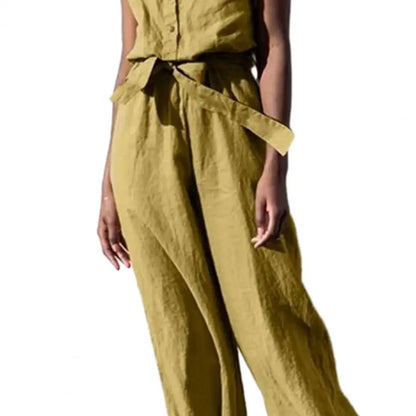 Summer V-neck Jumpsuit Stylish Short Sleeve Half Placket Belt Design Wide Leg Jumpsuit Solid Color Casual Playsuit Streetwear