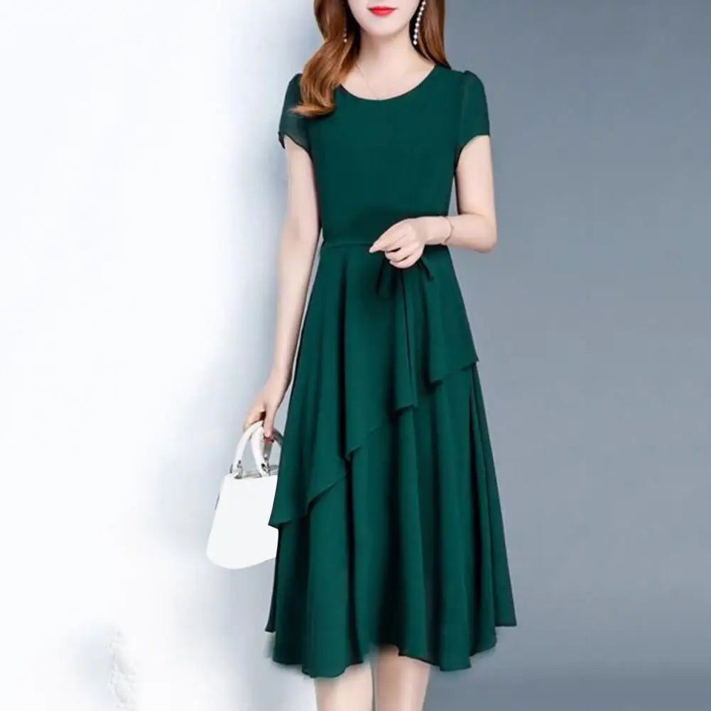 Mid-length Dress Elegant Lace Up A-line Midi Dress with Short Sleeves for Women O-neck Streetwear Layered Hem Oversize Korean