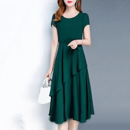 Mid-length Dress Elegant Lace Up A-line Midi Dress with Short Sleeves for Women O-neck Streetwear Layered Hem Oversize Korean
