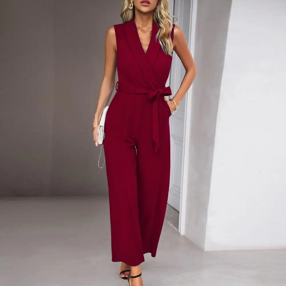 Wide-leg Jumpsuit Pure Color Jumpsuit Stylish Women's V-neck Sleeveless Jumpsuit with Wide Leg Belted High Waist for Summer Work