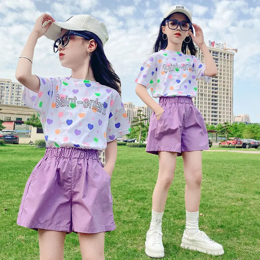 Summer Suit for Girls 2023 New Baby Short Sleeve T-shirt + Loose Shorts Two-piece Set Children Cute Clothing 4 6 8 10 12