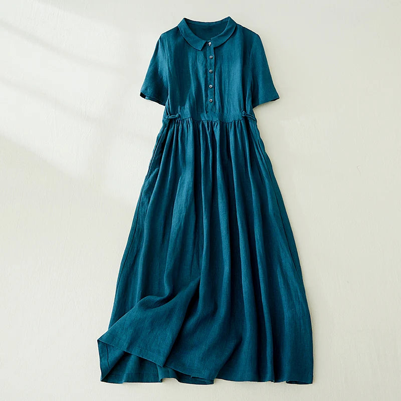 Limiguyue Cotton Linen Korean Dress Women Summer Short Sleeve Long Shirt Dress Soft Blue Vintage Long Vestidos Office Lady U471
