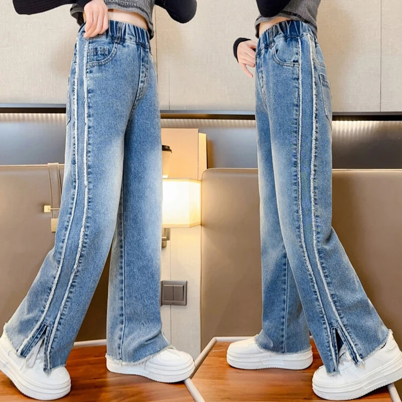 2024 New Fashion Teenage Girl Denim Wide Leg Pants Children Trousers Spring Autumn Girls Jeans 5 6 8 10 12 14 Years Kids Clothes