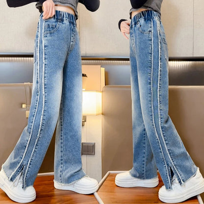 2024 New Fashion Teenage Girl Denim Wide Leg Pants Children Trousers Spring Autumn Girls Jeans 5 6 8 10 12 14 Years Kids Clothes