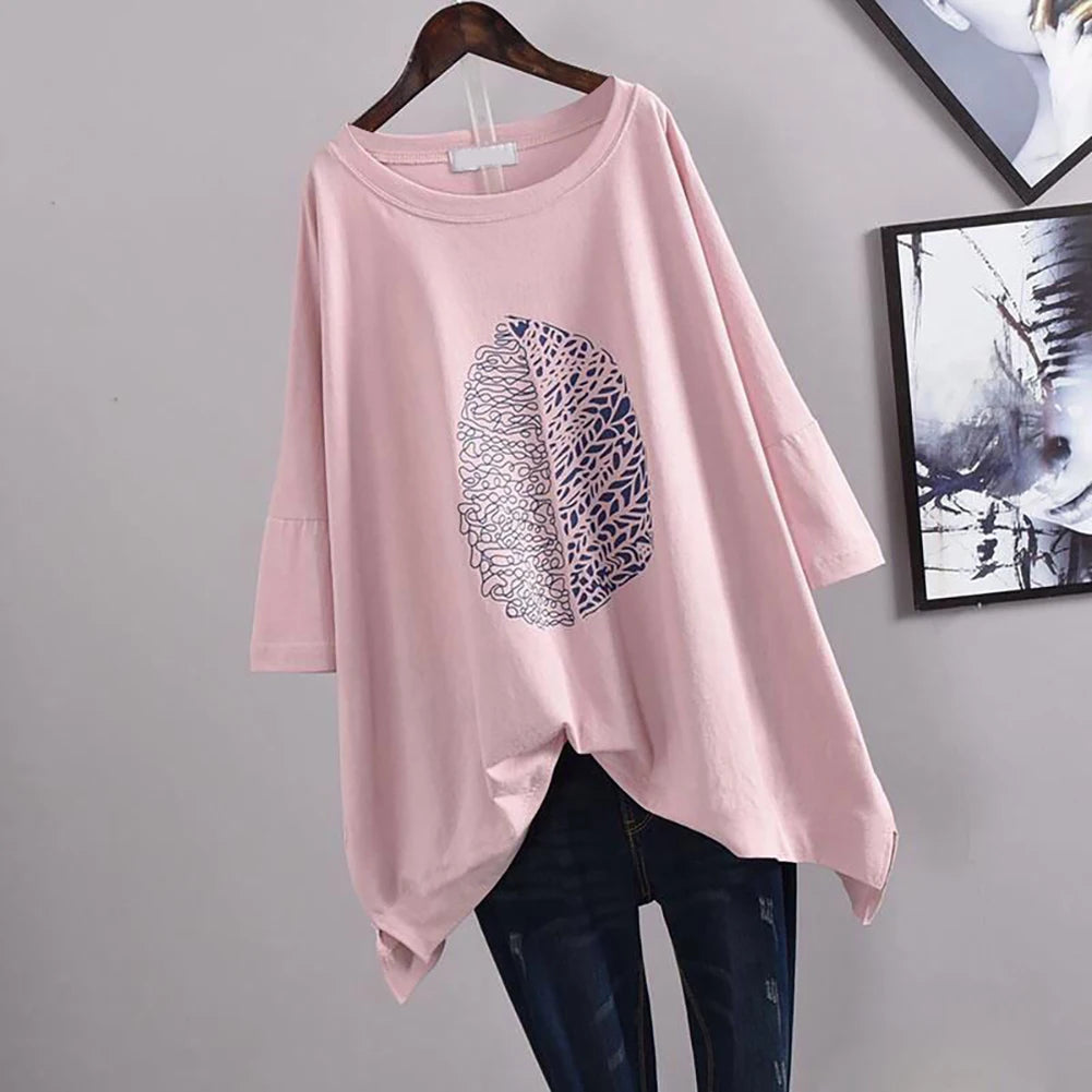 Women Casual 3/4 Sleeve O Neck Leaf Print High Low Hem Loose Blouse Top Blouse Women's Blouse  Top Female Woman Cloth Blouse