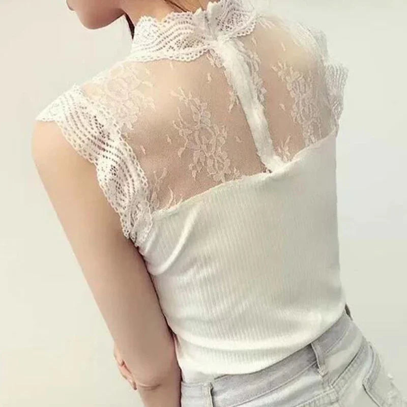 Fashion Streetwear Women Hollow Out Lace Tops Black and White Color Sleeveless Ice Silk Knitted Camisole Tops