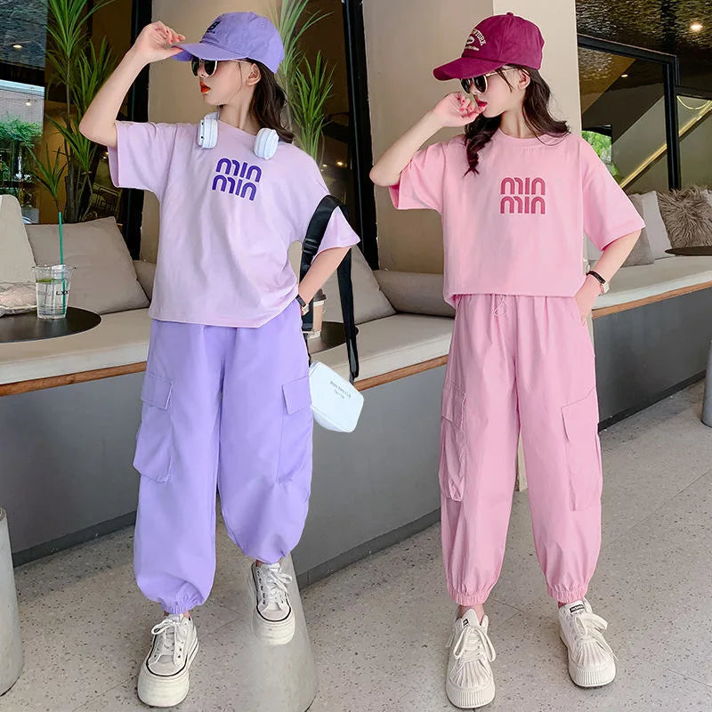 Summer Teen Girls Clothing Sets Children Fashion Korean Style Letter Tops + Pants 2Pcs Outfits Kids Tracksuit 5 6 8 10 12 14 Yrs