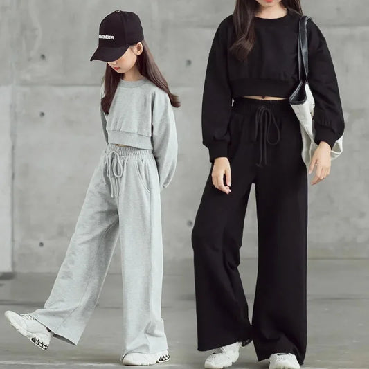 2024 Spring Autumn Teenager Girls Clothes Suit Casual Long Sleeve Sweatshirt + Wide Leg Pants Kids Tracksuit 6 8 10 11 12 14 Yrs