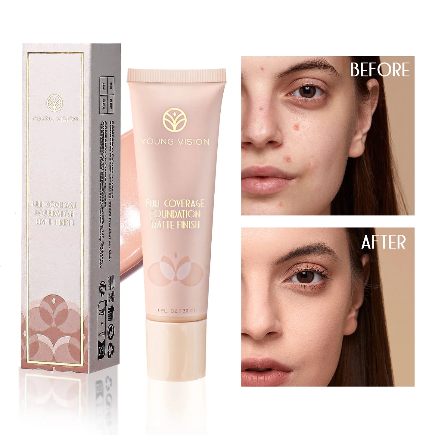 30ml Matte Liquid Foundation Cream Smooth LongWear Oil-Control Full Coverage Concealer Waterproof Contour Wheat Tone Makeup Base