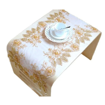 Luxury Christmas flower gold beads lace Embroidery bed Table Runner flag cloth cover kitchen coffee tea tablecloth decor