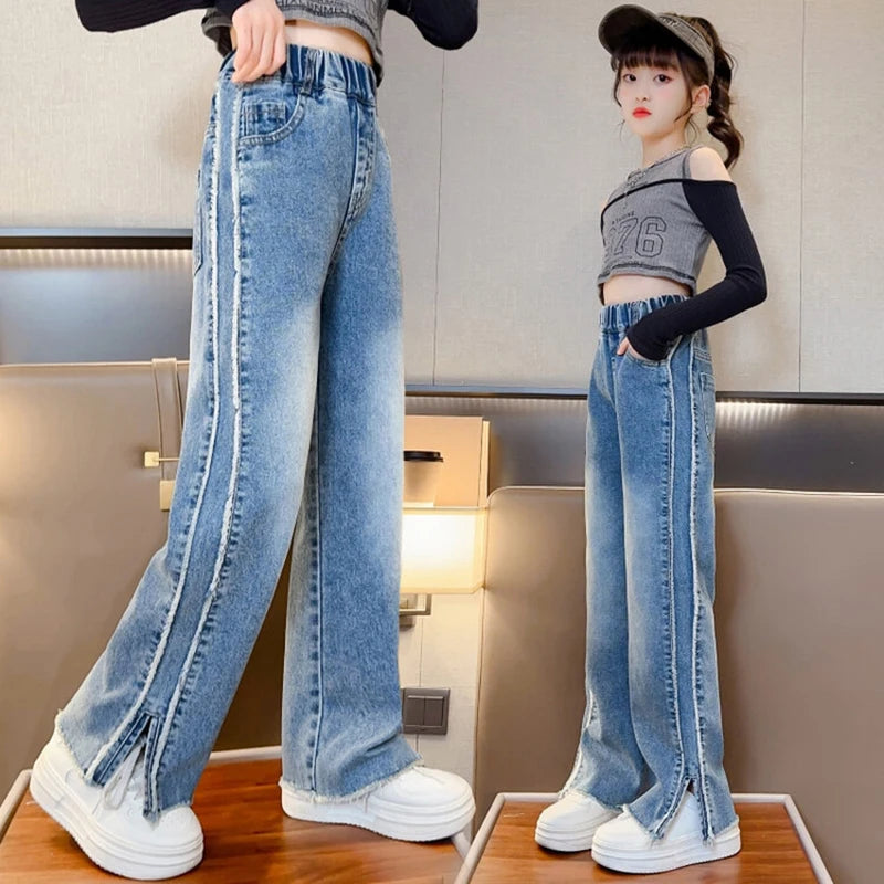 2024 New Fashion Teenage Girl Denim Wide Leg Pants Children Trousers Spring Autumn Girls Jeans 5 6 8 10 12 14 Years Kids Clothes