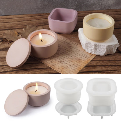Candle Jar Silicone Mold With Lid DIY Round Succulent Flower Pot Storage Box Plaster Epoxy Resin Craft Molds Home Decor Gift