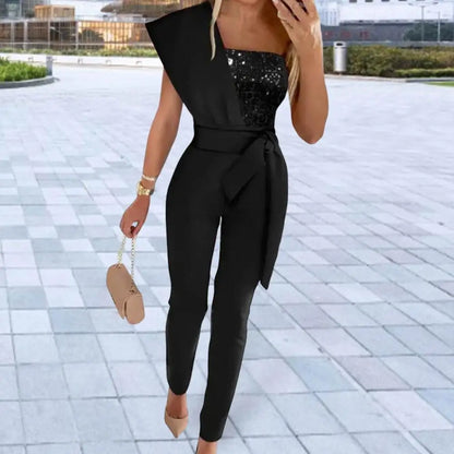Dressing Up Ankle-Length Sequin Patchwork One Shoulder Party Jumpsuit Daily Wear