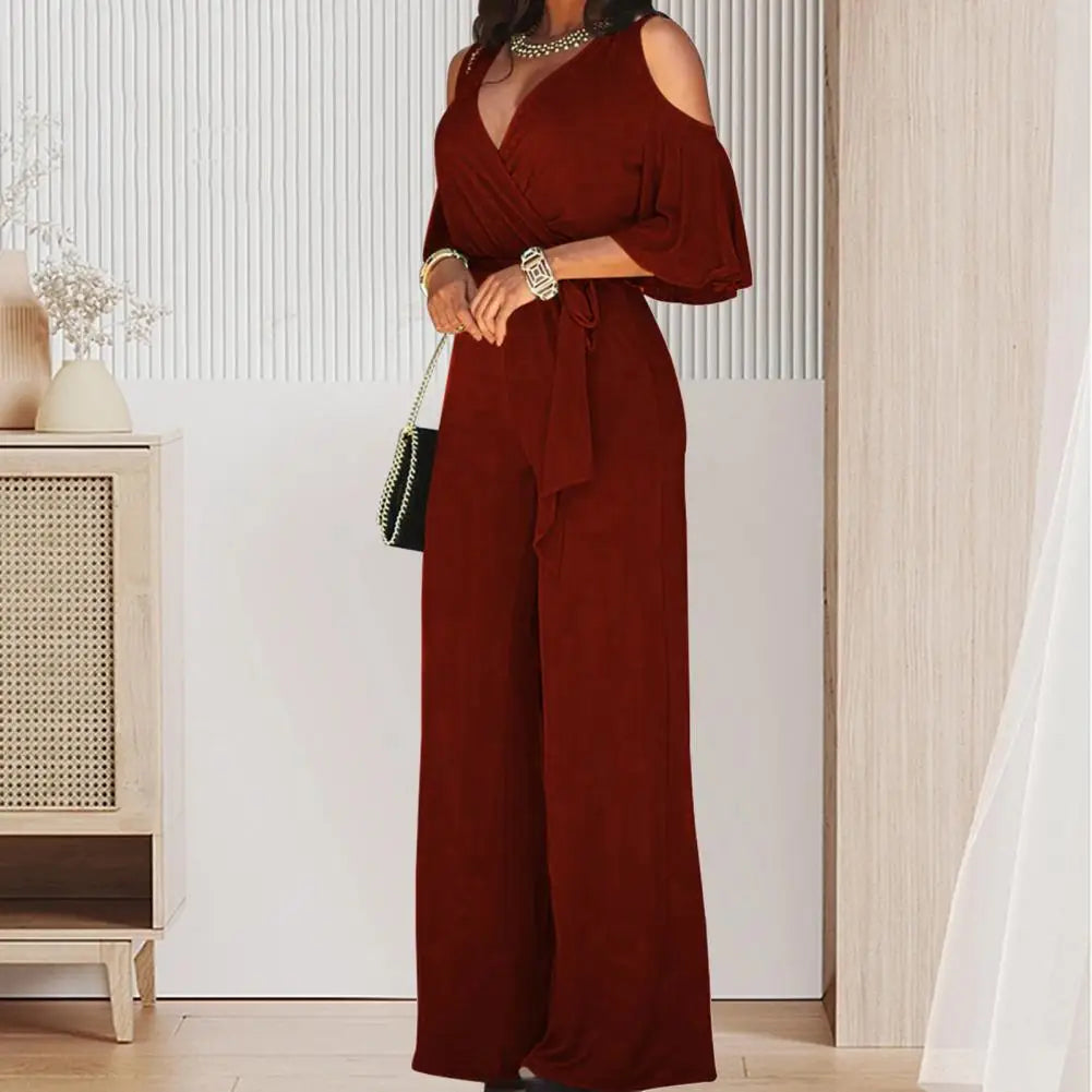 2023 Spring And Autumn Women's Jumpsuit Hollowed Out Strapless Solid Color Women's Jumpsuit V-neck High Waist Belt Wide-leg Pant