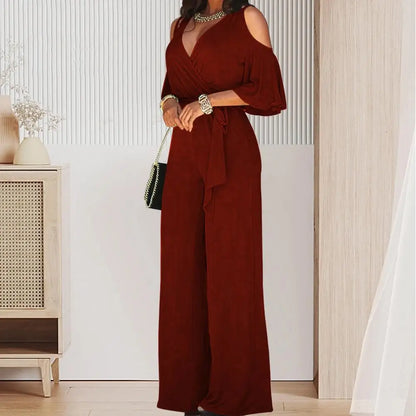 2023 Spring And Autumn Women's Jumpsuit Hollowed Out Strapless Solid Color Women's Jumpsuit V-neck High Waist Belt Wide-leg Pant
