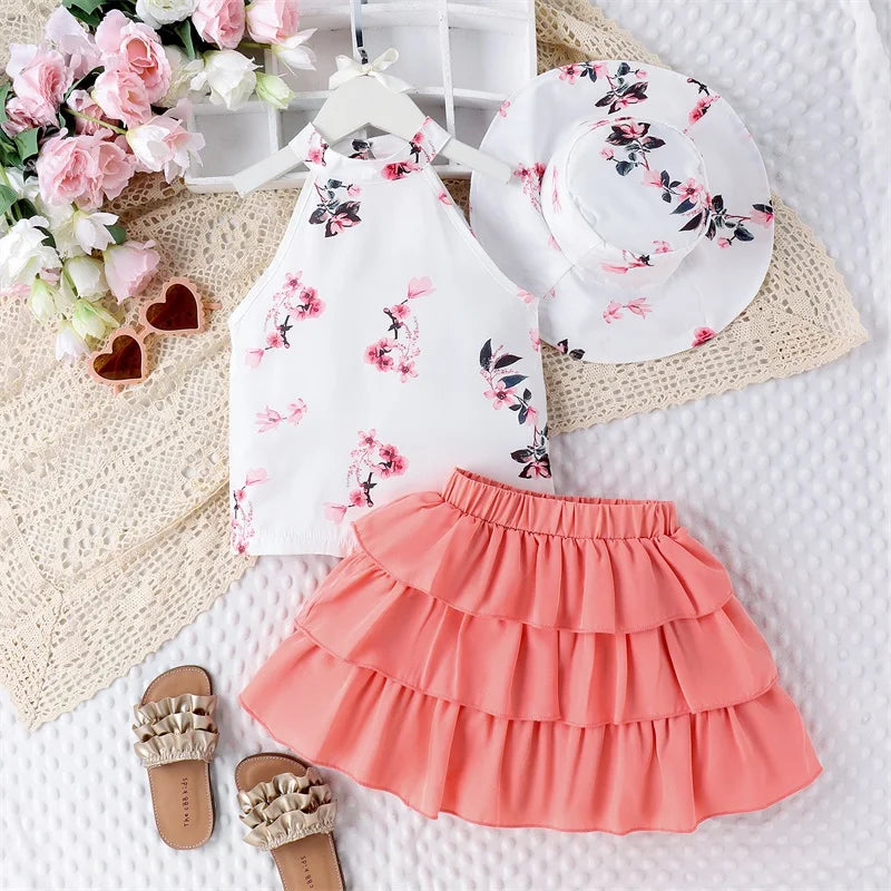 Pudcoco Kids Baby Girl 3Pcs Summer Outfits Sleeveless Mock Neck Tops + Ruffle Skirt + Bucket Hat Set Toddler Clothes 4-7T