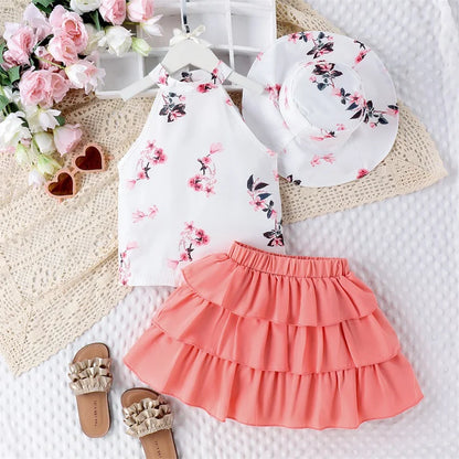 Pudcoco Kids Baby Girl 3Pcs Summer Outfits Sleeveless Mock Neck Tops + Ruffle Skirt + Bucket Hat Set Toddler Clothes 4-7T