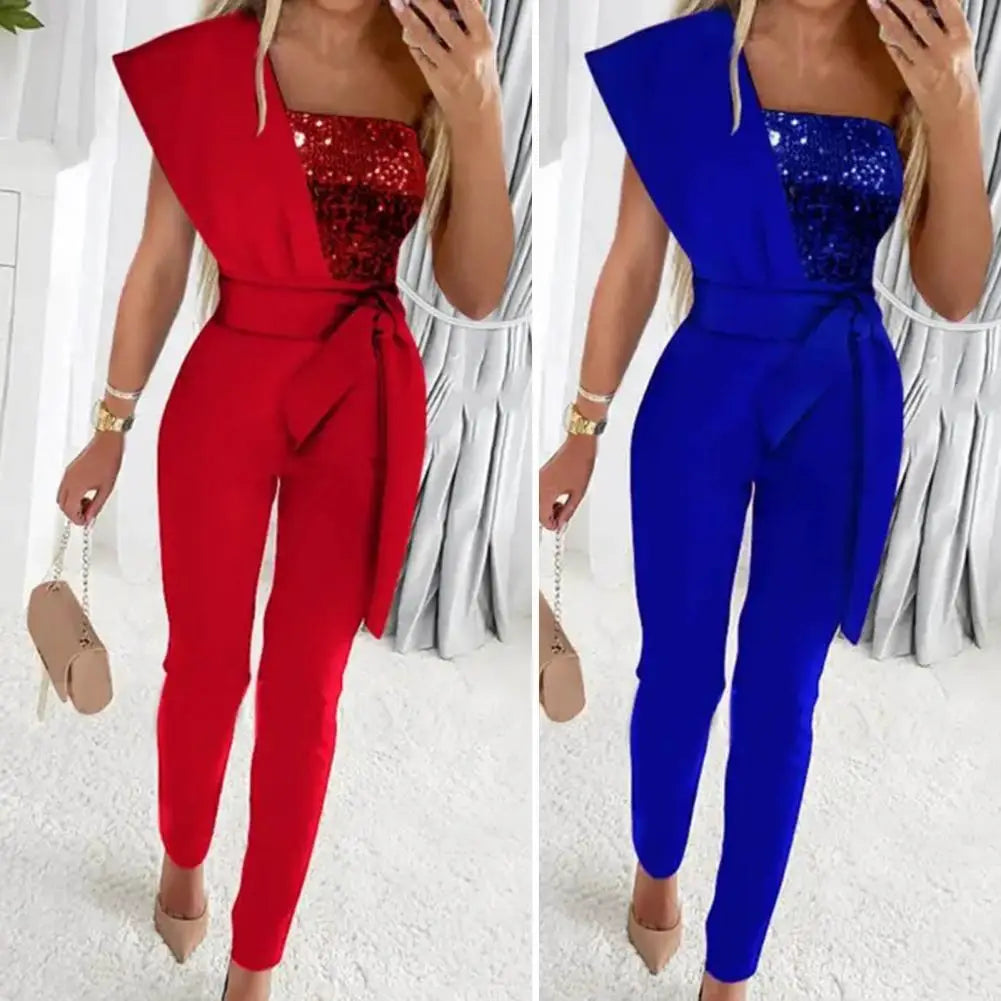 Dressing Up Ankle-Length Sequin Patchwork One Shoulder Party Jumpsuit Daily Wear